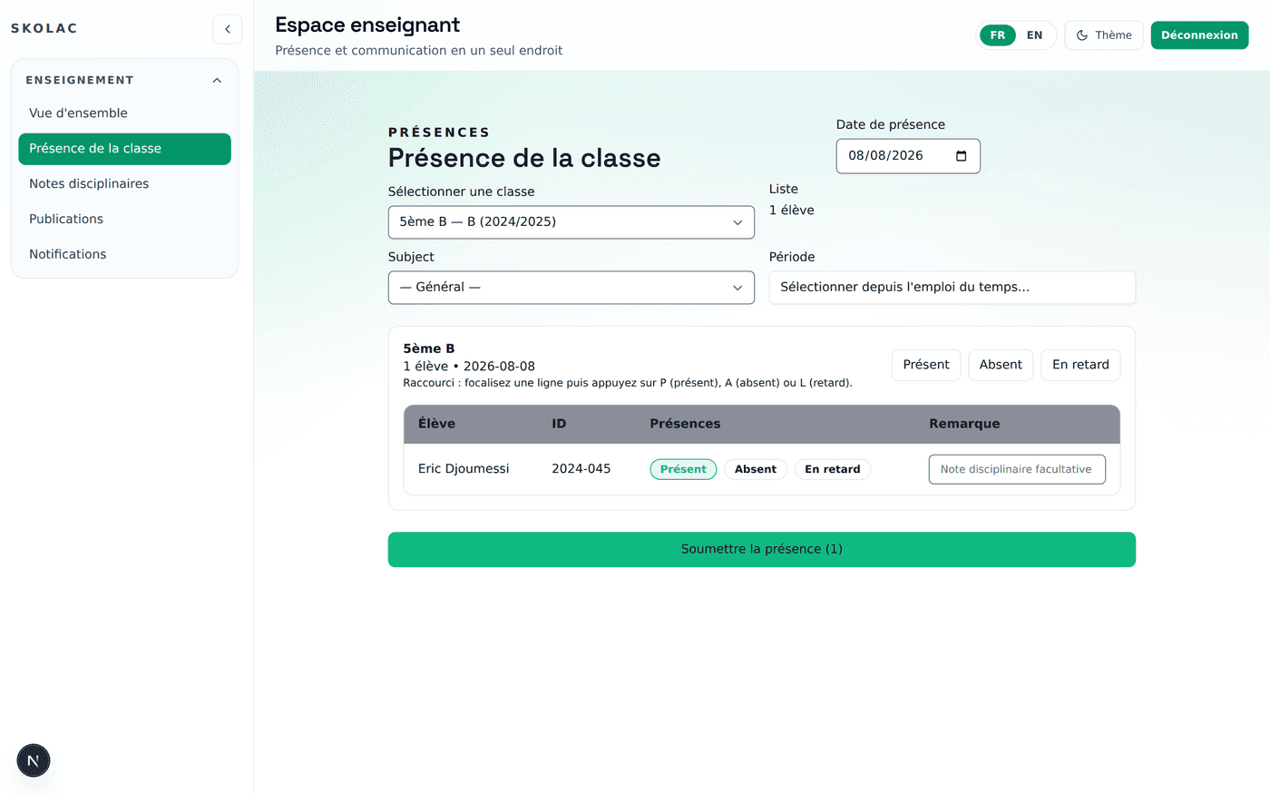 Écran Skolac : Présences