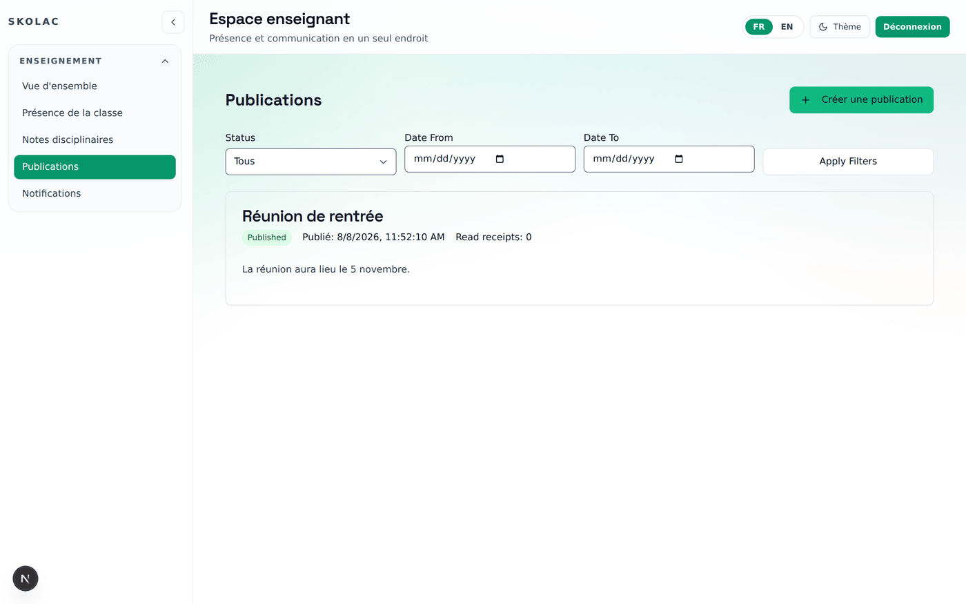 Écran Skolac : Annonces